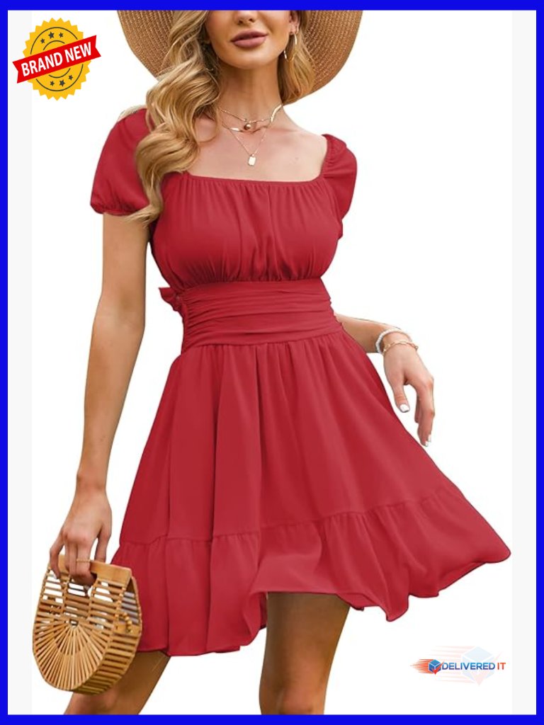 Short Puff Sleeve Square Neck Tie Back Mini A-Line Sundress